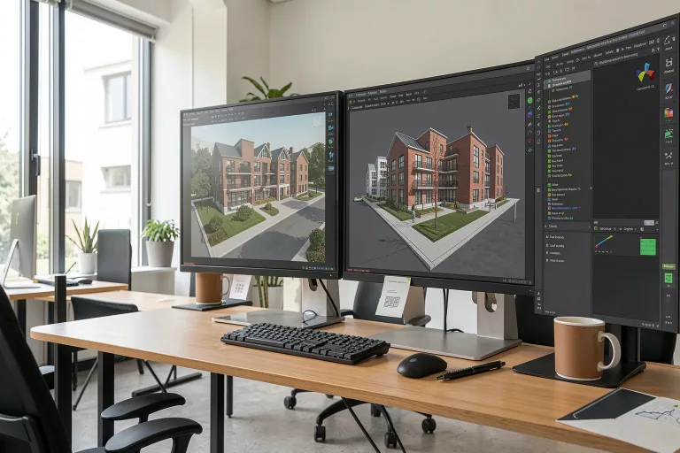 Professional architectural studio with AI design software on monitors