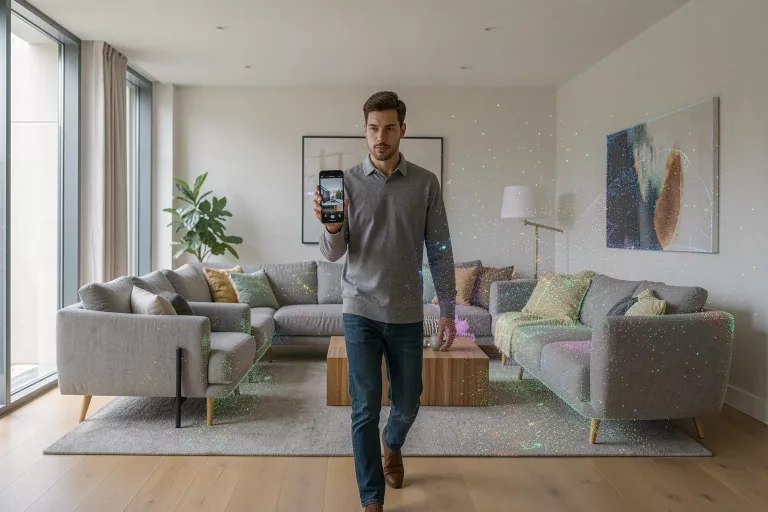 Interior designer capturing a modern living room with a smartphone, 3D point-cloud overlay reconstructing the space