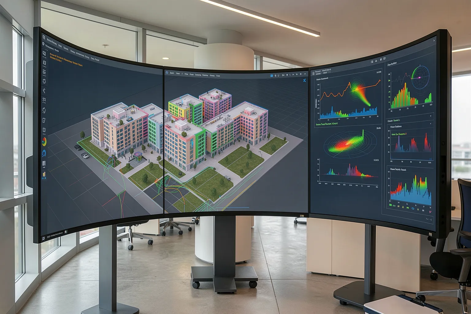 Architectural office with digital twin building model displayed on large curved screens