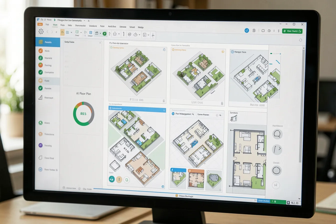 Architect reviewing multiple AI-generated floor plan layout variations on a large screen