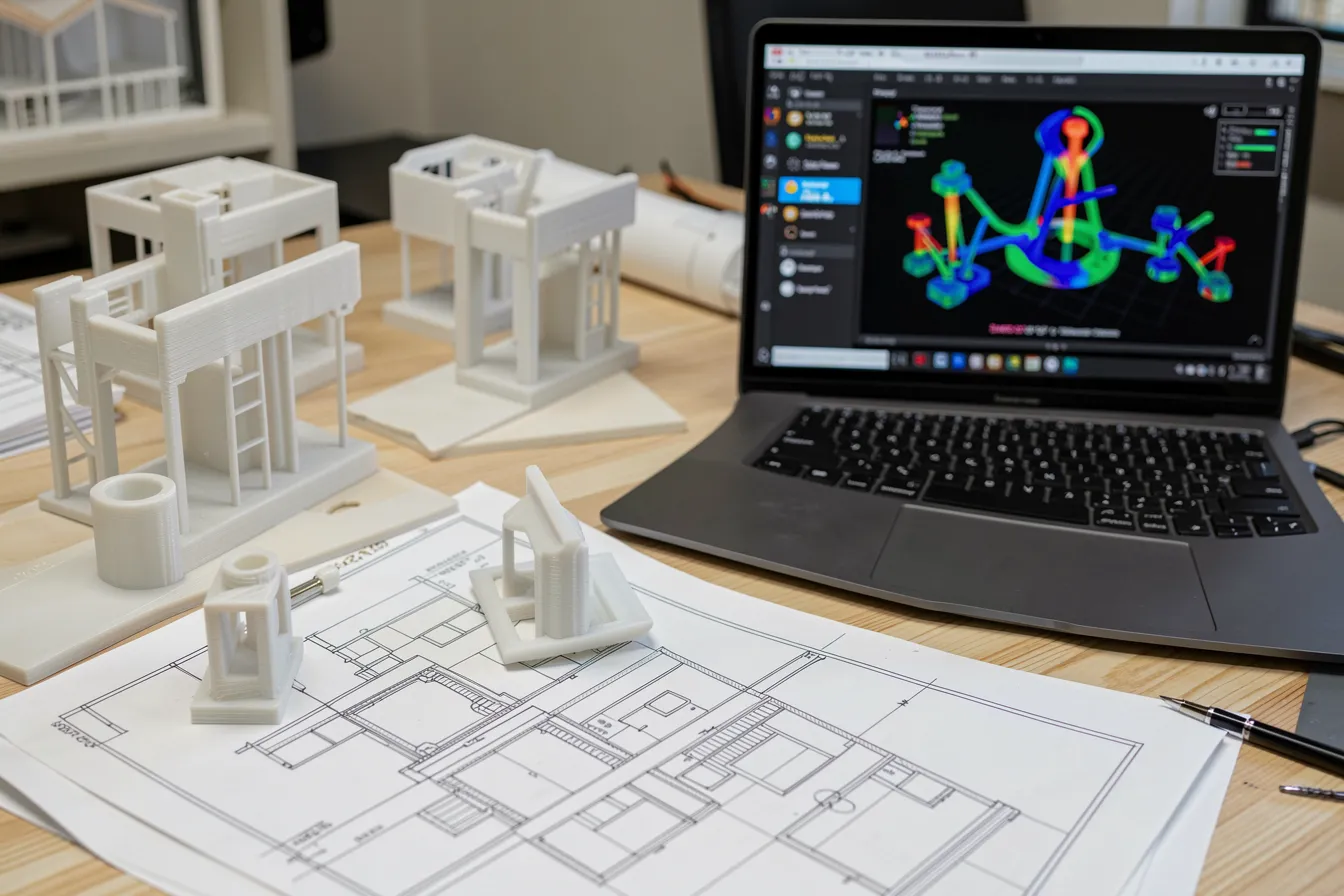 Architect desk with product design models and generative design software