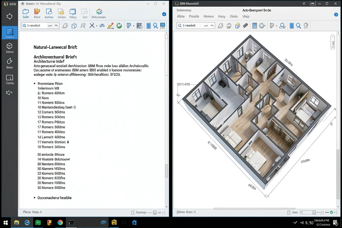 Split screen showing a text architectural brief and an AI-generated 3D BIM floor plan model