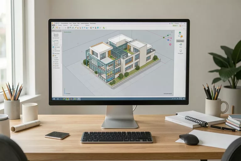 Architect studio with a screen showing a BIM model generated from a written brief
