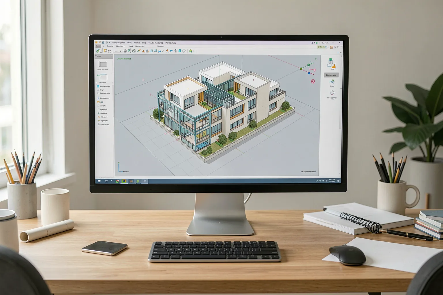 Architect studio with a screen showing a BIM model generated from a written brief