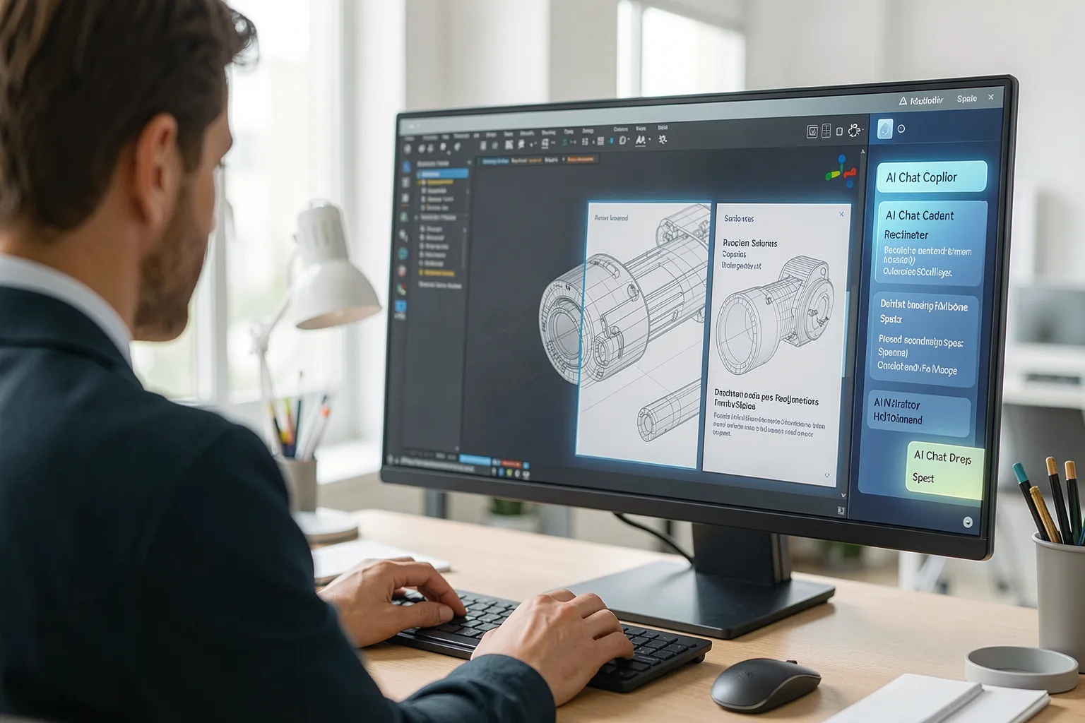 Designer using a CAD app with an AI copilot panel showing retrieved design documents and specs