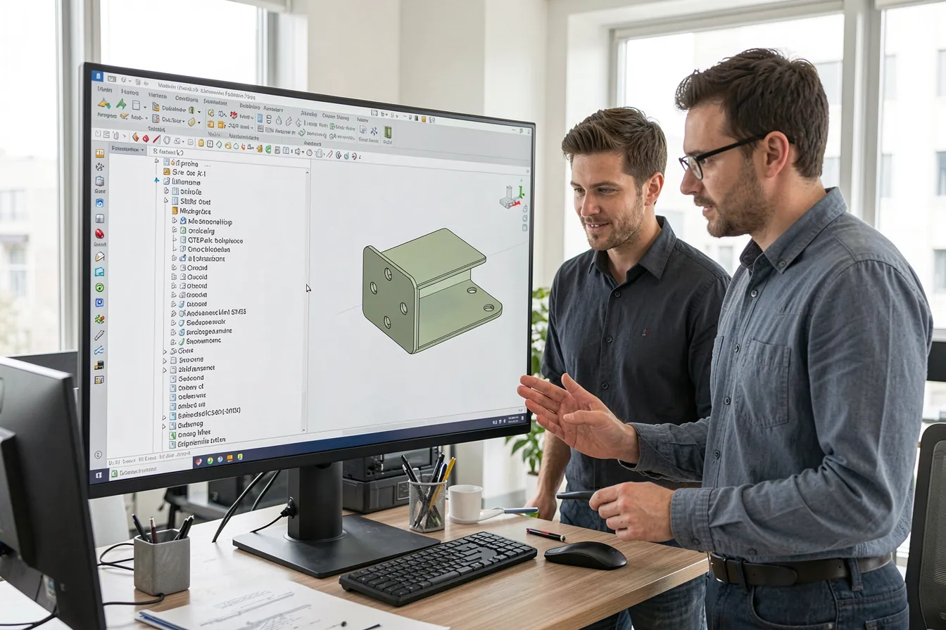 An engineer and a designer review a monitor showing a CAD feature tree beside an editable 3D solid model of a bracket