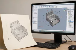 A hand-drawn sketch of a metal bracket beside a monitor showing the same part as an editable 3D CAD model with a feature tree