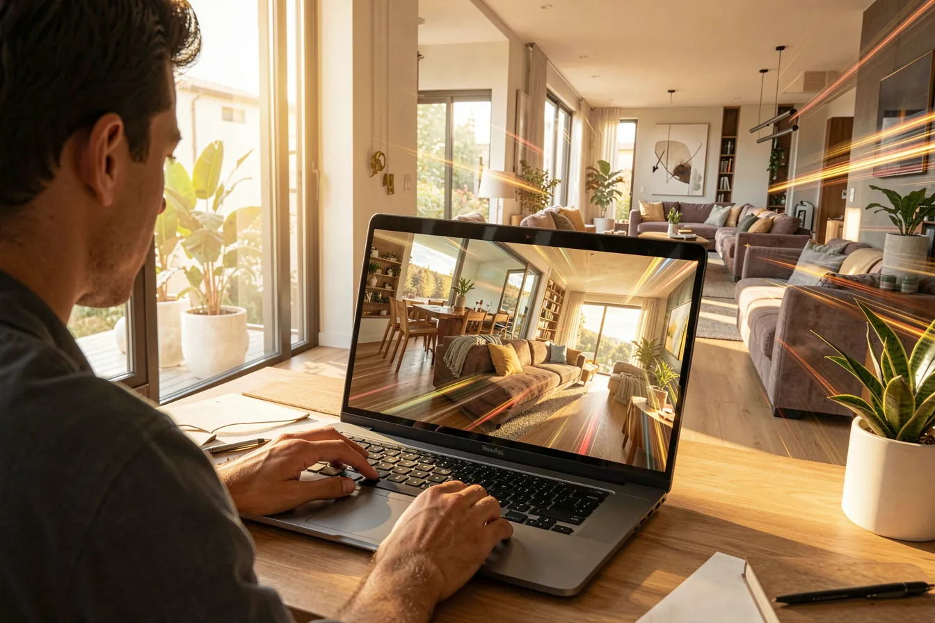 A designer watches a laptop turn a single still architectural render of a sunlit living room into a smooth moving camera walkthrough