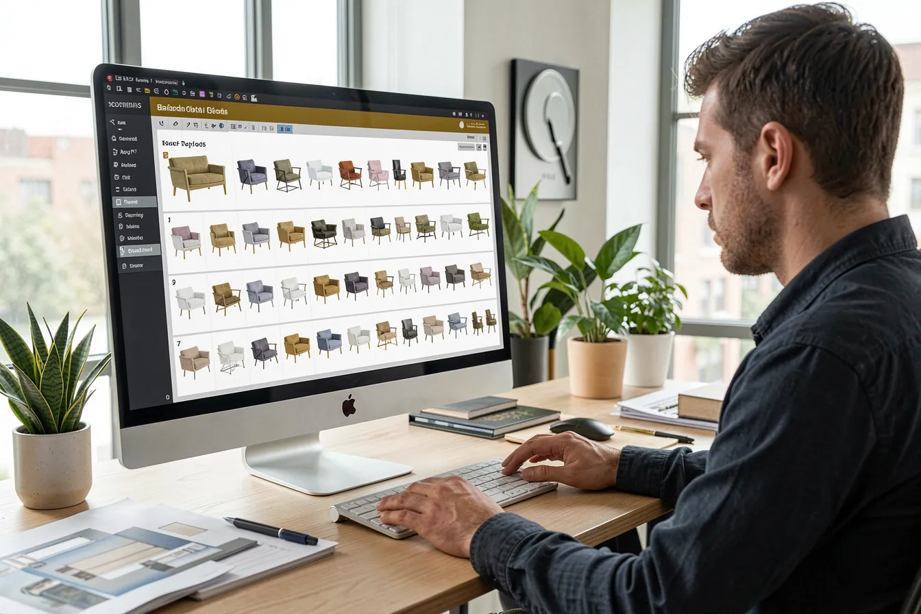 Designer using a furniture configurator interface to visualize thousands of product variants at a computer