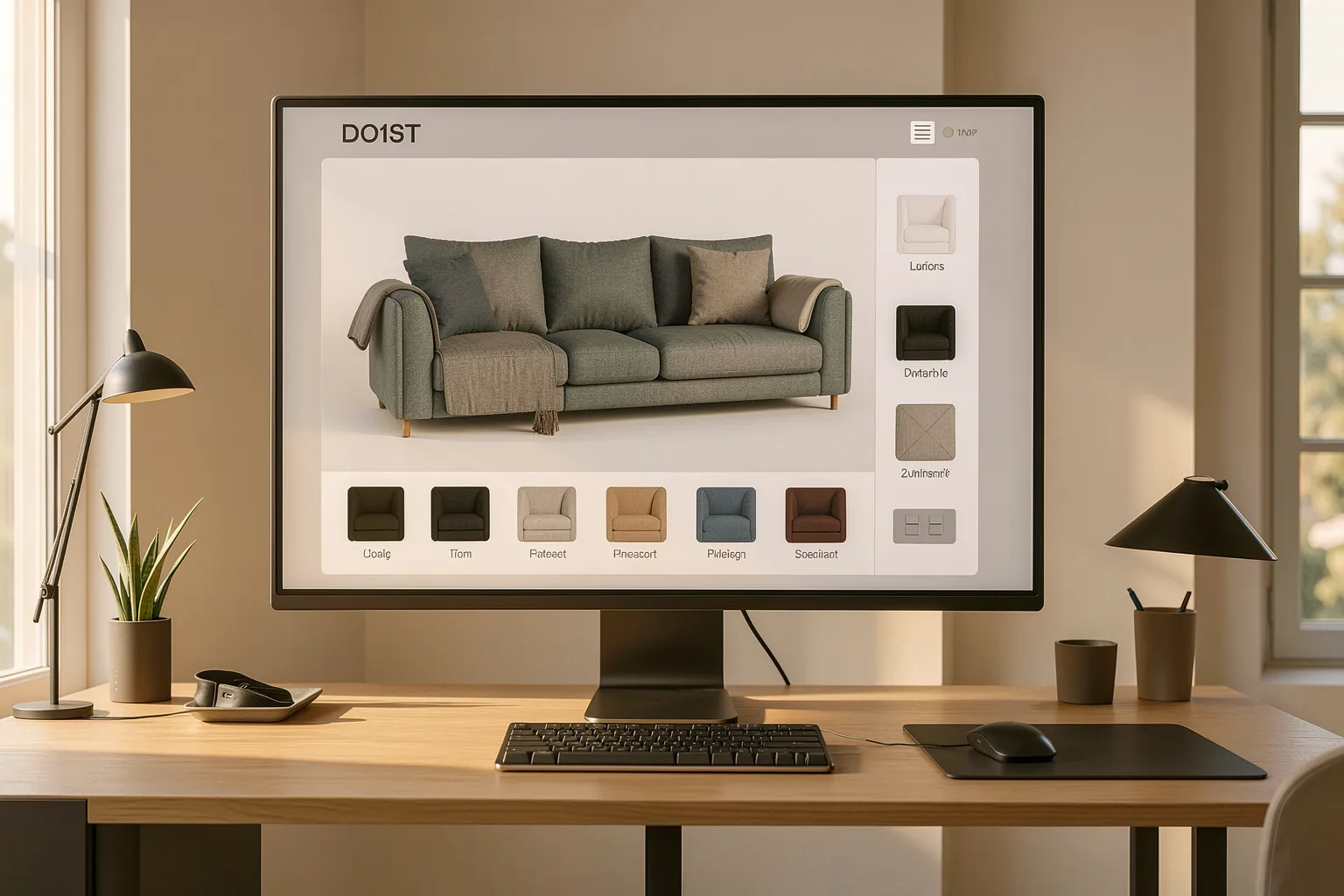 AI product configurator on a large screen in a modern furniture design studio showing a photoreal sofa with material options