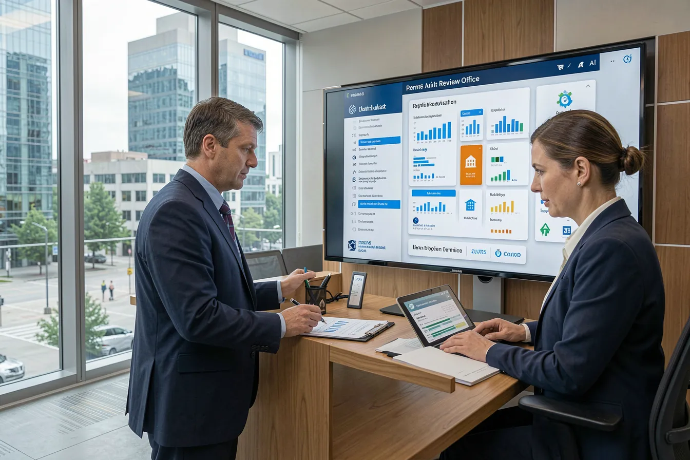 City building-permit review office where an examiner works alongside an AI compliance dashboard to clear the application backlog