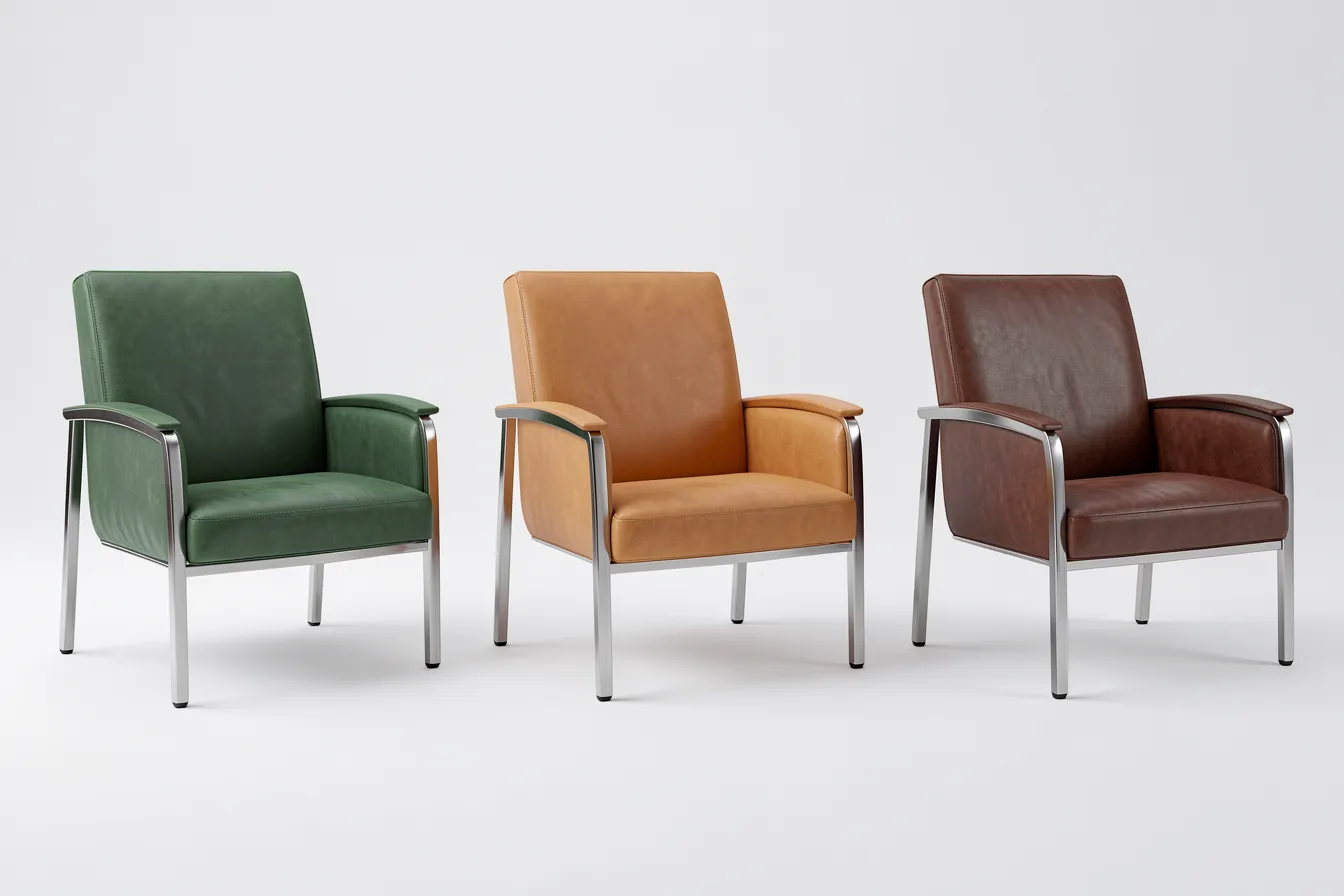 A modern armchair rendered three times with different AI-generated material finishes
